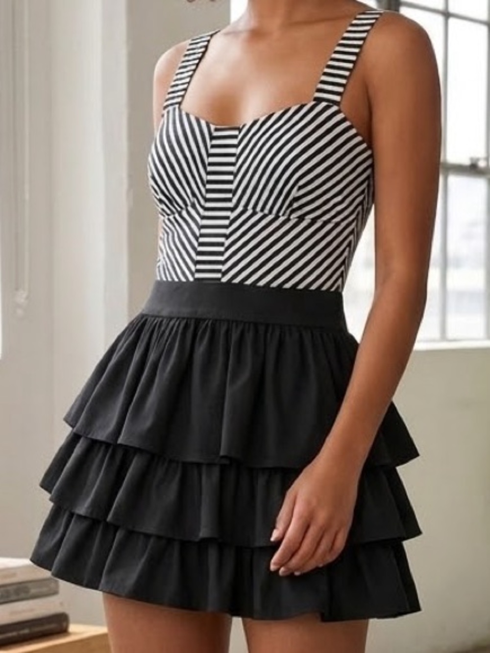 6 Degrees Black White Stripe Bustier Corset Dress With Tiered Layered Skirt Sz S